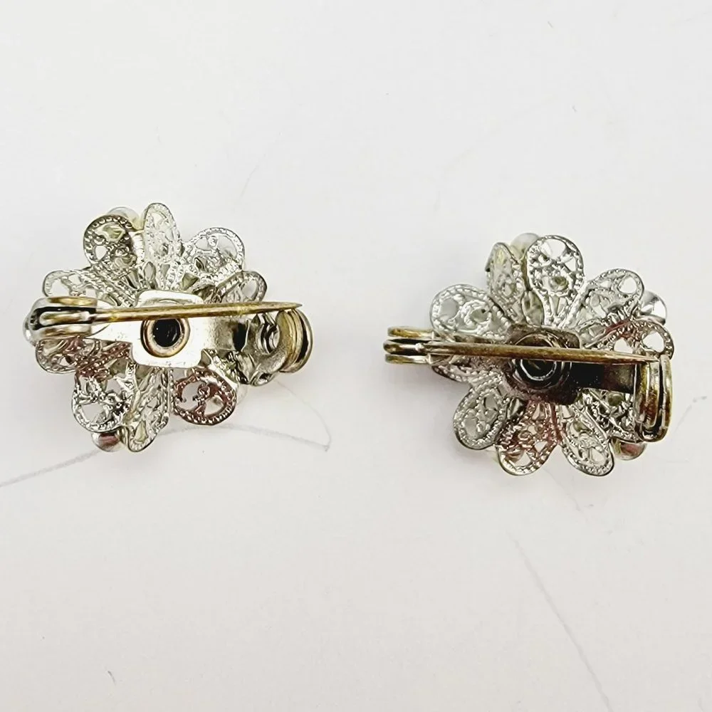 Vintage Silver Tone Rhinestone Flower Filigree Scatter Pins Set of‎ 2 Brooches